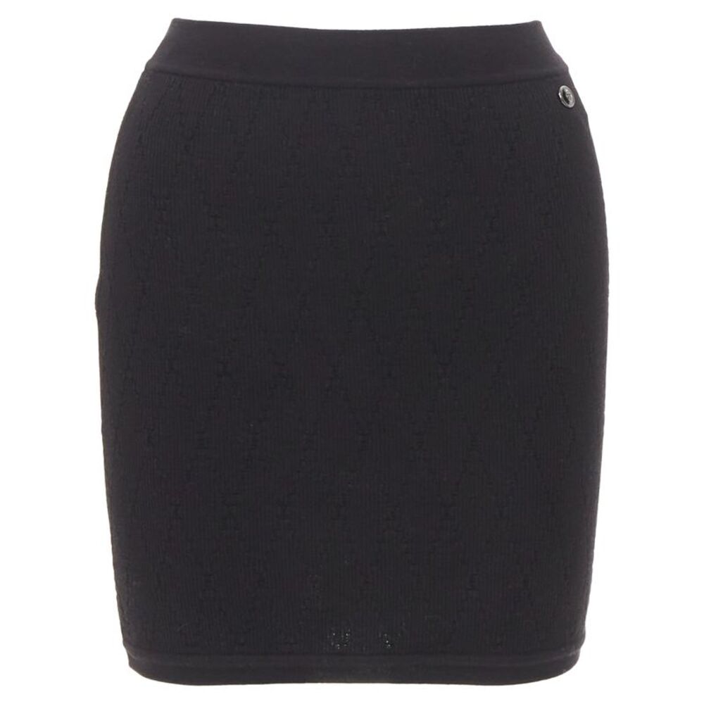 CHANEL black cotton diamond stitch knit cc resin logo button skirt FR34 XS